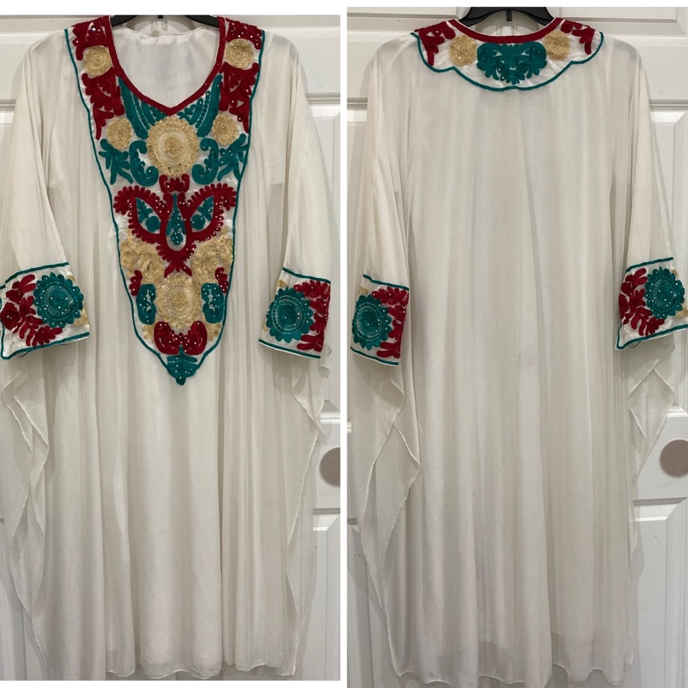 White Embroidery Kaftan with red green gold design vintage
